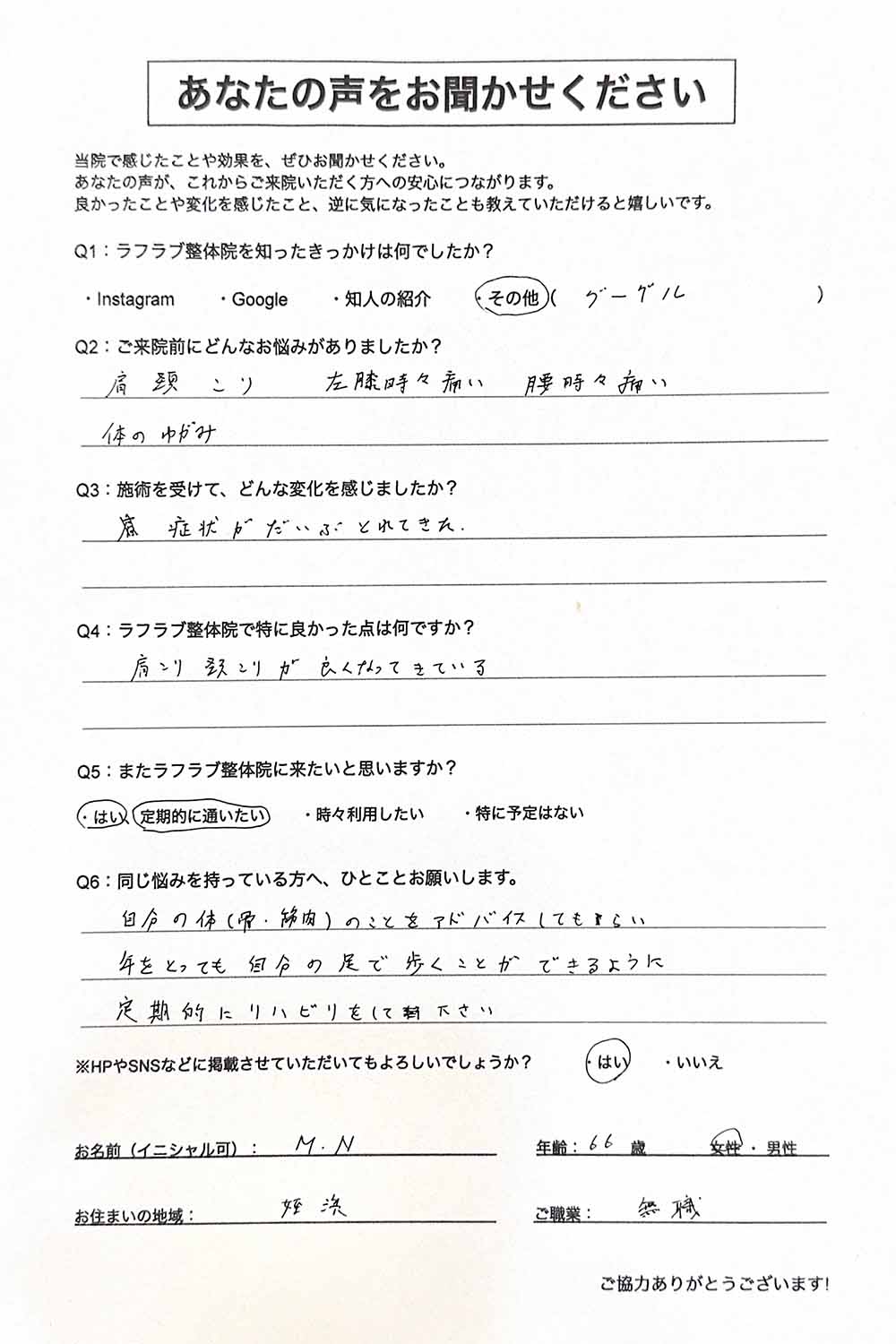 ラフラブ整体院へ通う方の喜びの声-反り腰、肩・頭のこり、膝痛・腰痛