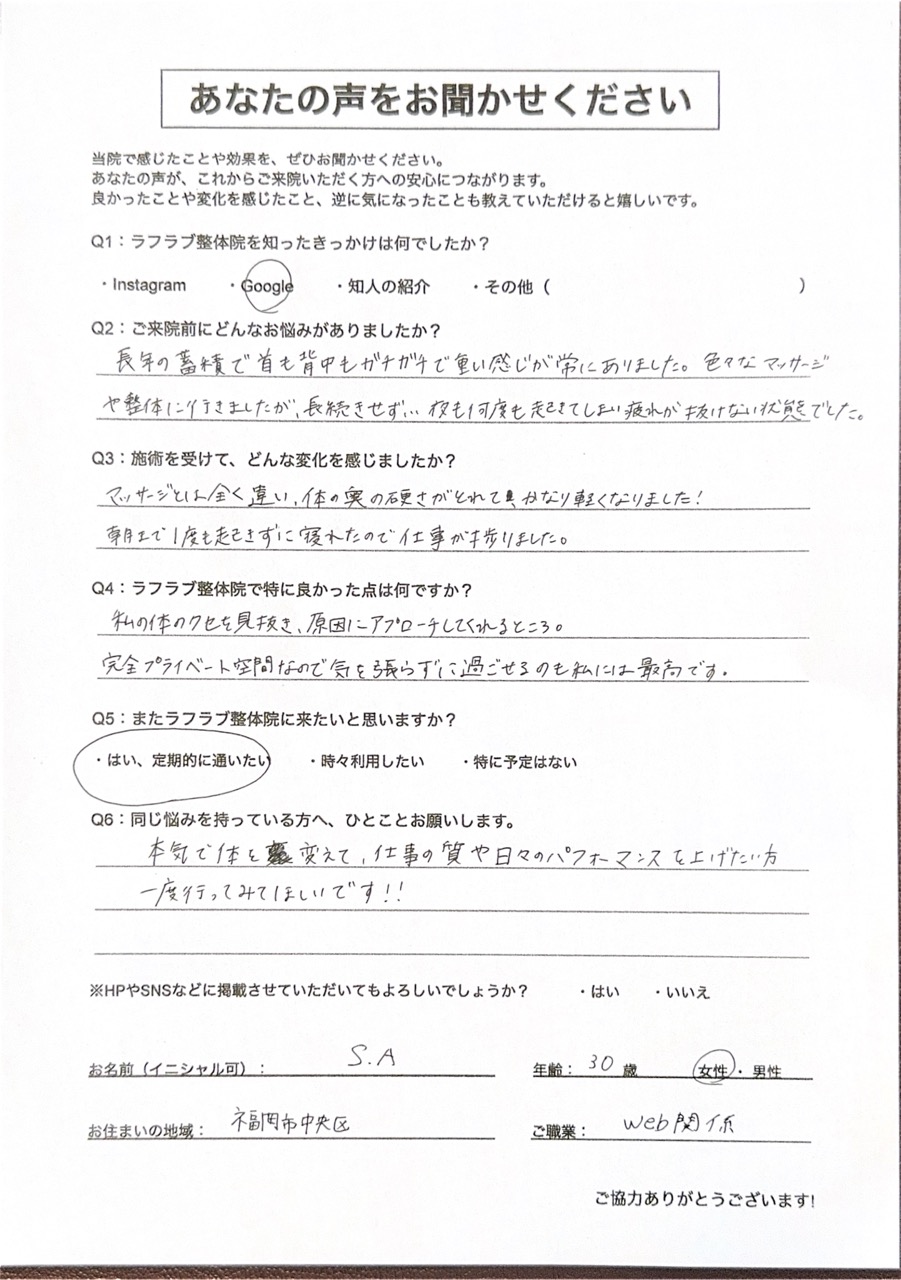 ラフラブ整体院へ通う方の喜びの声-卒業